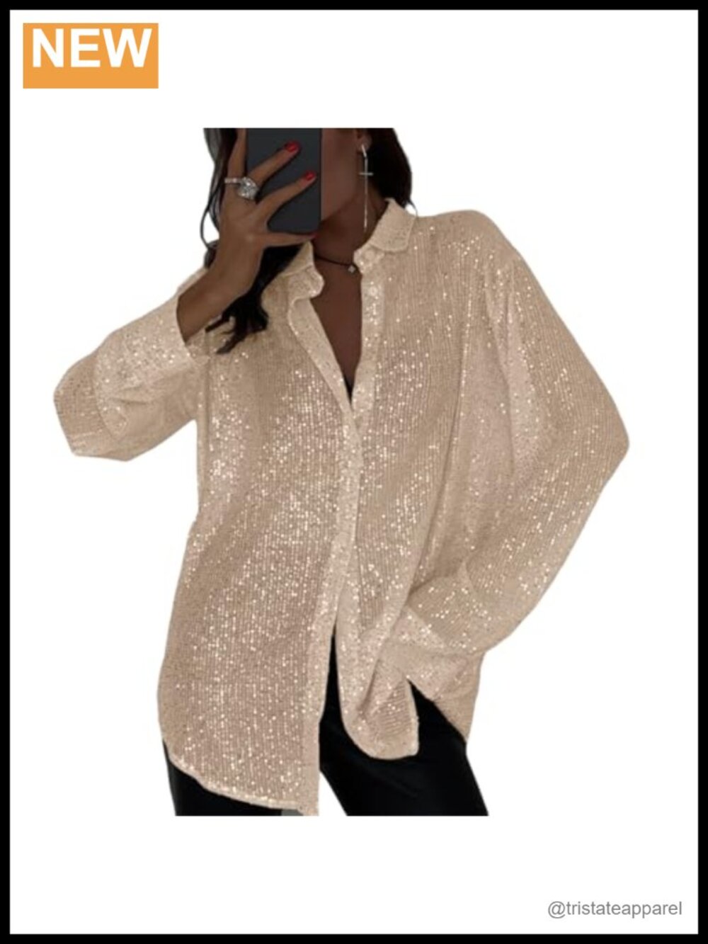 Sequin Long Sleeve Button Down Shirt Women Sequined Lapel Collar Blouse Loose